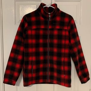Columbia red and black plaid zip up fleece jacket. Sz L (14/16)
